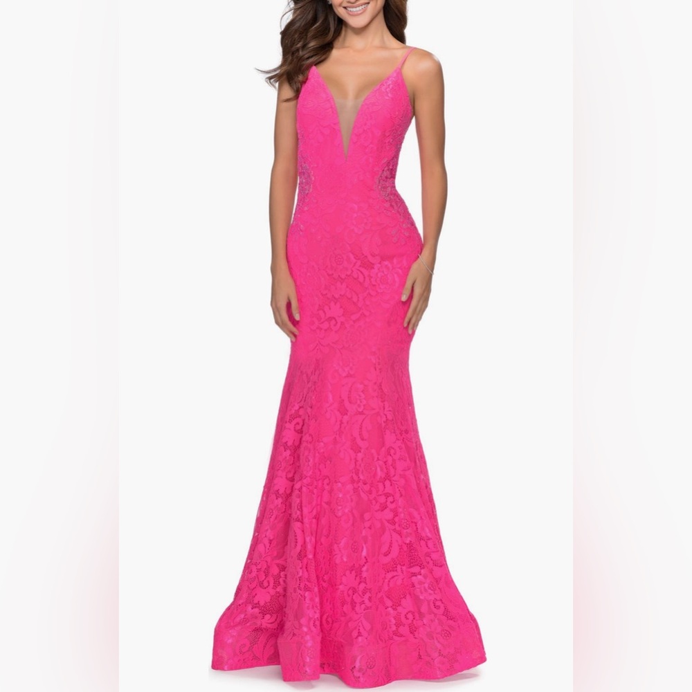 La Femme Barbie Neon Pink Mermaid Prom Dress